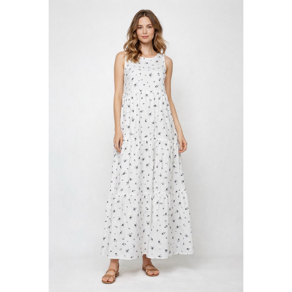 Banana Republic Floral Maxi Dress M White Tiered Cotton Poplin Sleeveless Spring